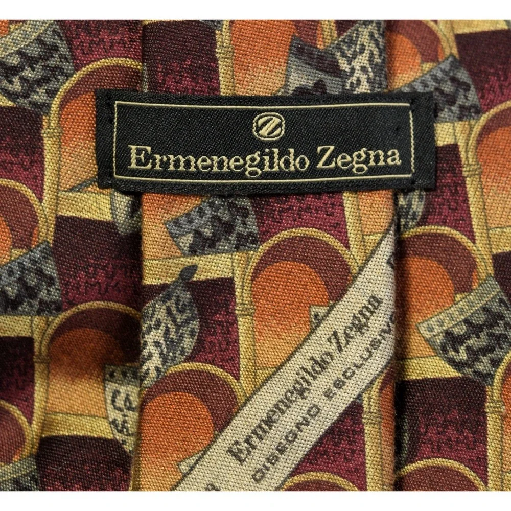 Ermenegildo Zegna Silk Tie Men's Italy Geometric Royal Crest Shield Gold Orange